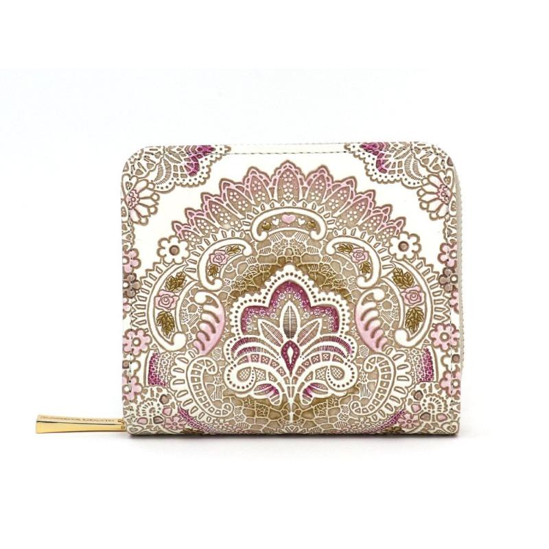 【文庫屋大関】二つ折りファスナーミニ財布 アンティークレース＜ピオニー＞【皮革工芸品】財布 二つ折り 小物 お札 カード 小銭 コンパクト 牛革 手作り 日本製 墨田区 東京都　お届け：発送可能時期より順次配送