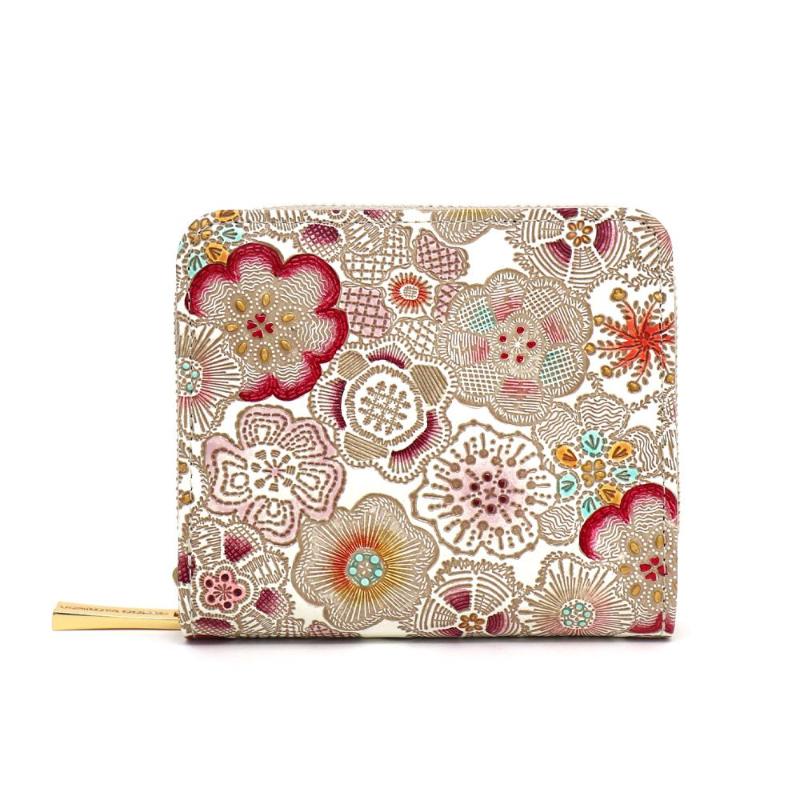 【文庫屋大関】二つ折りファスナーミニ財布 春らんまん＜茜＞【皮革工芸品】財布 二つ折り 小物 お札 カード 小銭 コンパクト 牛革 手作り 日本製 墨田区 東京都　お届け：発送可能時期より順次配送