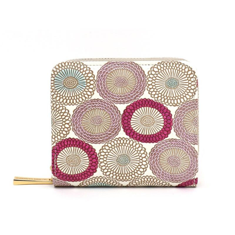 【文庫屋大関】二つ折りファスナーミニ財布 笠菊＜桃花＞【皮革工芸品】財布 二つ折り 小物 お札 カード 小銭 コンパクト 牛革 手作り 日本製 墨田区 東京都　お届け：発送可能時期より順次配送