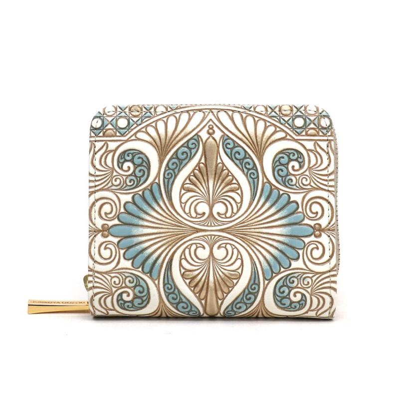 【文庫屋大関】二つ折りファスナーミニ財布 ロカイユ＜ブルーグレー＞【皮革工芸品】財布 二つ折り 小物 お札 カード 小銭 コンパクト 牛革 手作り 日本製 墨田区 東京都　お届け：発送可能時期より順次配送