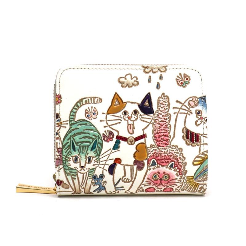 【文庫屋大関】二つ折りファスナーミニ財布 ネコ集合【皮革工芸品】財布 二つ折り 小物 お札 カード 小銭 コンパクト 牛革 手作り 日本製 墨田区 東京都　お届け：発送可能時期より順次配送