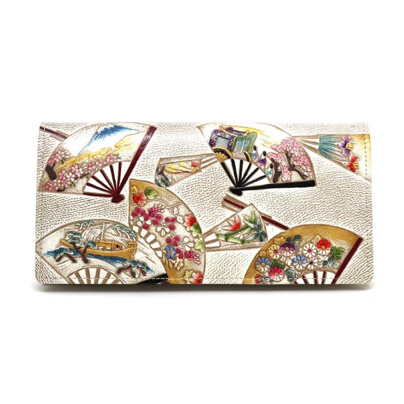 【文庫屋大関】束入れ 四季扇面【皮革工芸品】 財布 お札 お札入れ 長財布 カード 小銭 牛革 手作り 日本製 墨田区 東京都