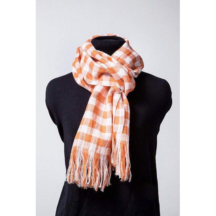 糸から日本製、旧式織機でかたこと織り上げたサラッと涼やかラミーコットンストール（オレンジ） | ショール コットン 麻 洗濯可能 送料無料 東京 八王子