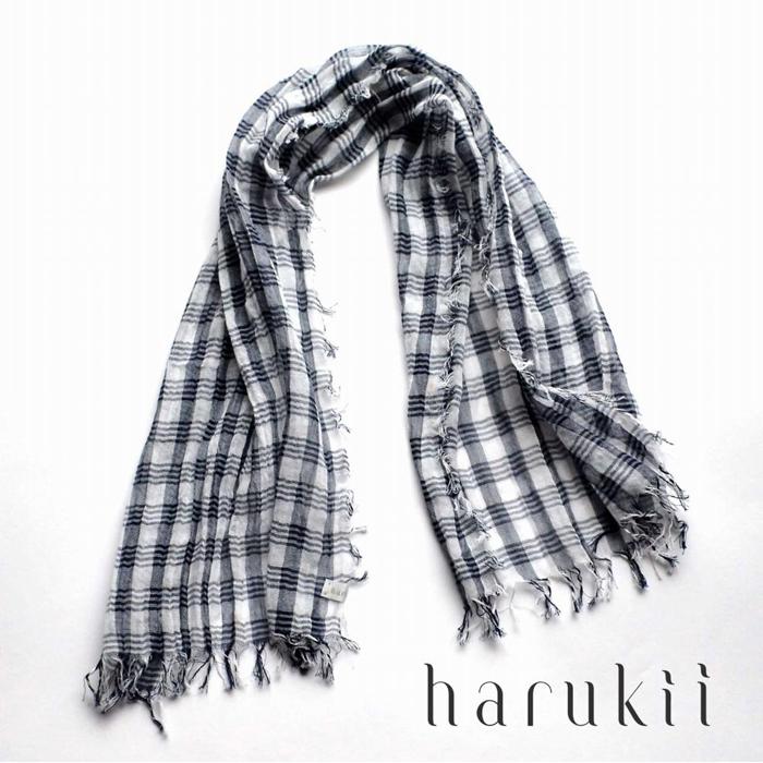 【harukii】細太チェック長綿ガーゼミニストール (ネイビー) | ストール ガーゼ 綿 チェック 紺 おしゃれ 贈答用 送料無料 東京 八王子