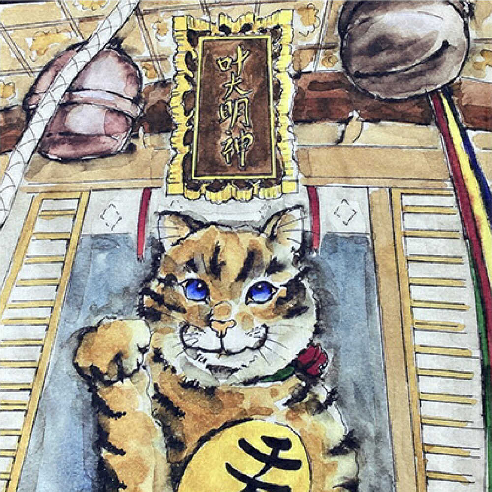 【ふるさと納税】ネコのいる風景　夢を叶えてくれるネコー叶神社 ハンカチーフ 約53cm×約53cm【有限会社カヤマ】ハンカチ 猫 栗原君古 叶神社 横須賀 神奈川 [AKAR001] サムネイル3