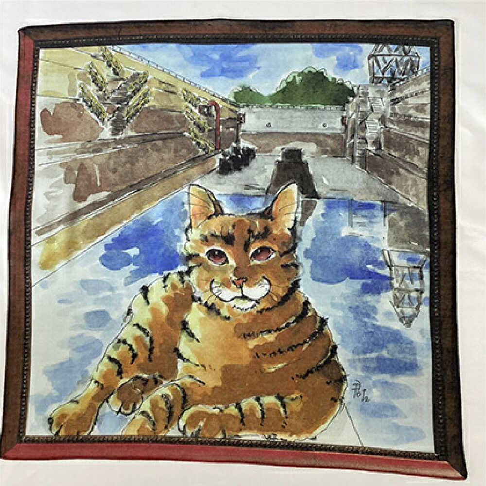 【ふるさと納税】ネコのいる風景　ドライドッグを見守ネコー浦賀ドライドッグ ハンカチーフ 約53cm×約53cm【有限会社カヤマ】ハンカチ ねこ ネコ 猫 栗原君古 叶神社 横須賀 神奈川[AKAR003] 10000円 1万円 サムネイル3