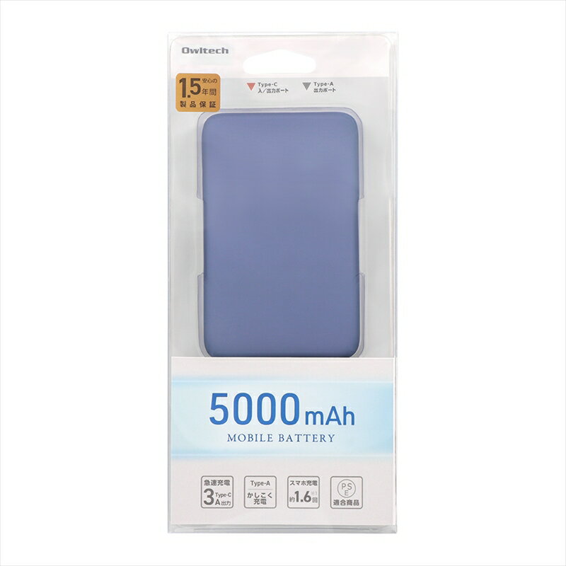 【ふるさと納税】Owltech USB Type-Cケーブル付属 小型軽量モバイルバッテリー 5000mAh USB Type-C入出力＋ USB Type-A出力 OWL-LPB5012-Rシリーズ アッシュブルー オウルテック【スマホ充電器 携帯充電器 充電 ガジェット 海老名市 】 サムネイル3