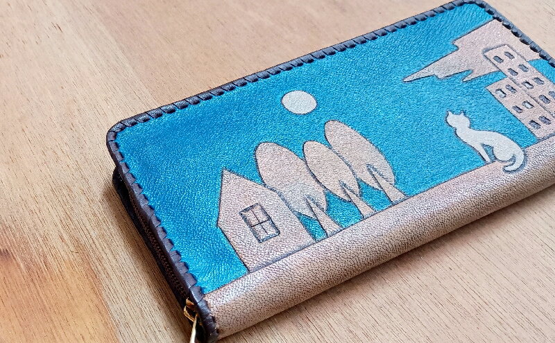 【ふるさと納税】☆世界にひとつだけ☆ L型小銭入れ付きファスナー財布☆ねこ☆ パールスカイブルー 山羊革 財布 お財布 長財布 サムネイル3