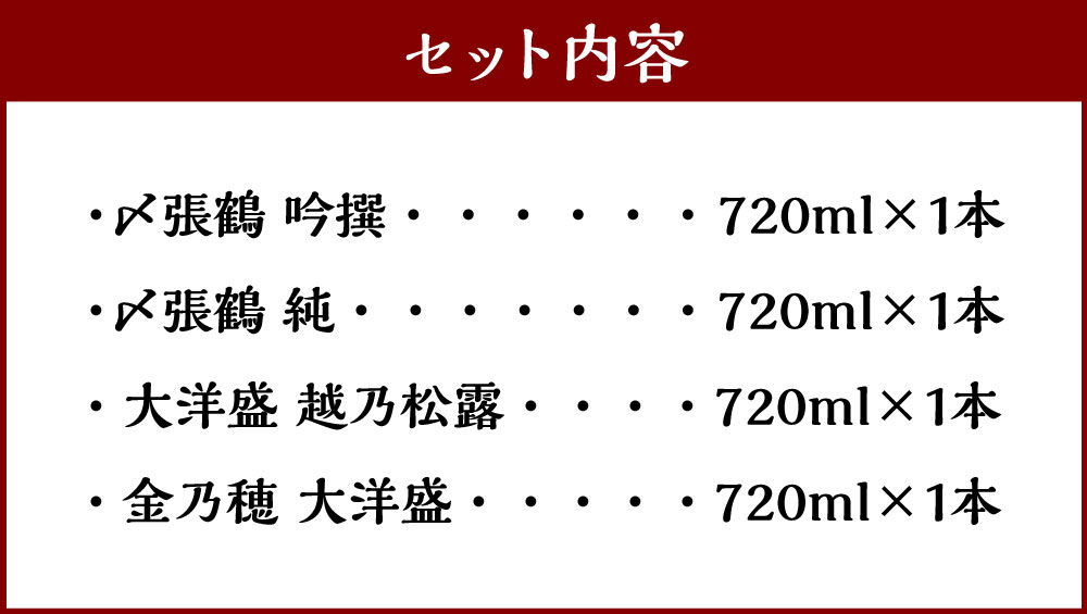 【ふるさと納税】村上地酒 飲み比べ 720ml×4本 セット B （〆張鶴・大洋盛） 日本酒 地酒 お酒 吟醸 純米吟醸 本醸造 新潟県 村上市 B4049 サムネイル3