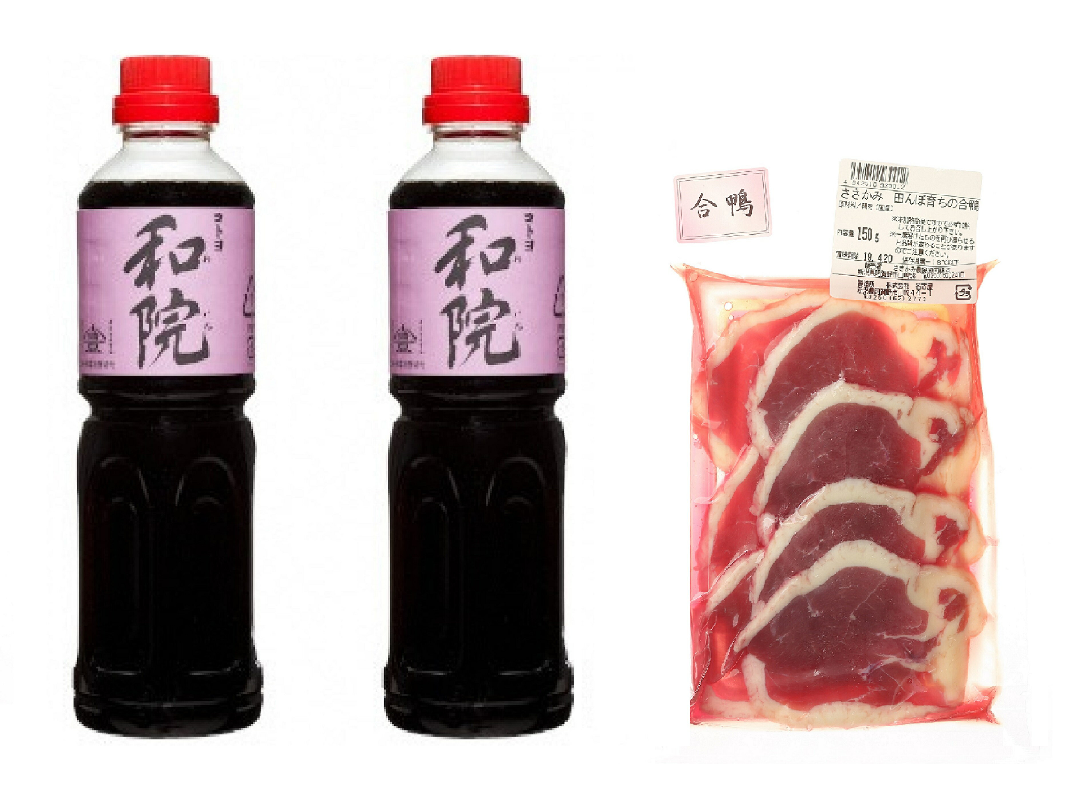 【ふるさと納税】 ふるさと納税限定セット コラボ 老舗コトヨ醤油 和院 500ml×2本 と 田んぼ育ちの 合鴨 スライス 150g 万能調味料 和食と洋食どちらにも合うお醤油 だし醤油 隠し味 白ワイン 甘さ控えめ 醤油 しょうゆ かも カモ 鴨 調味料 冷凍 サムネイル2