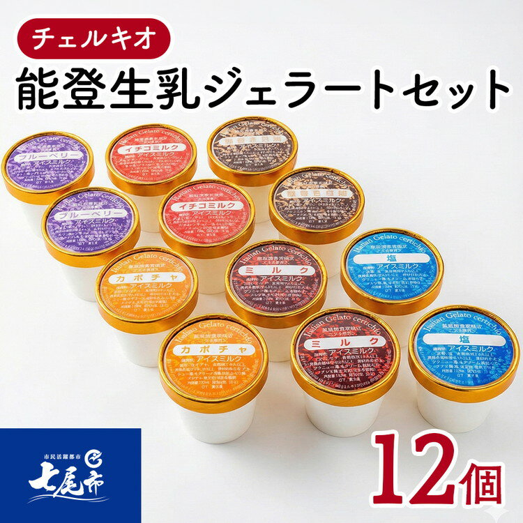 【能登半島地震復興支援】スイーツ アイスクリーム / チェルキオ 能登生乳 ジェラート セット 12個入り（ミルク・塩・ブルーベリー・イチゴミルク・キナコ・カボチャ 各2個）｜石川県 七尾市 能登