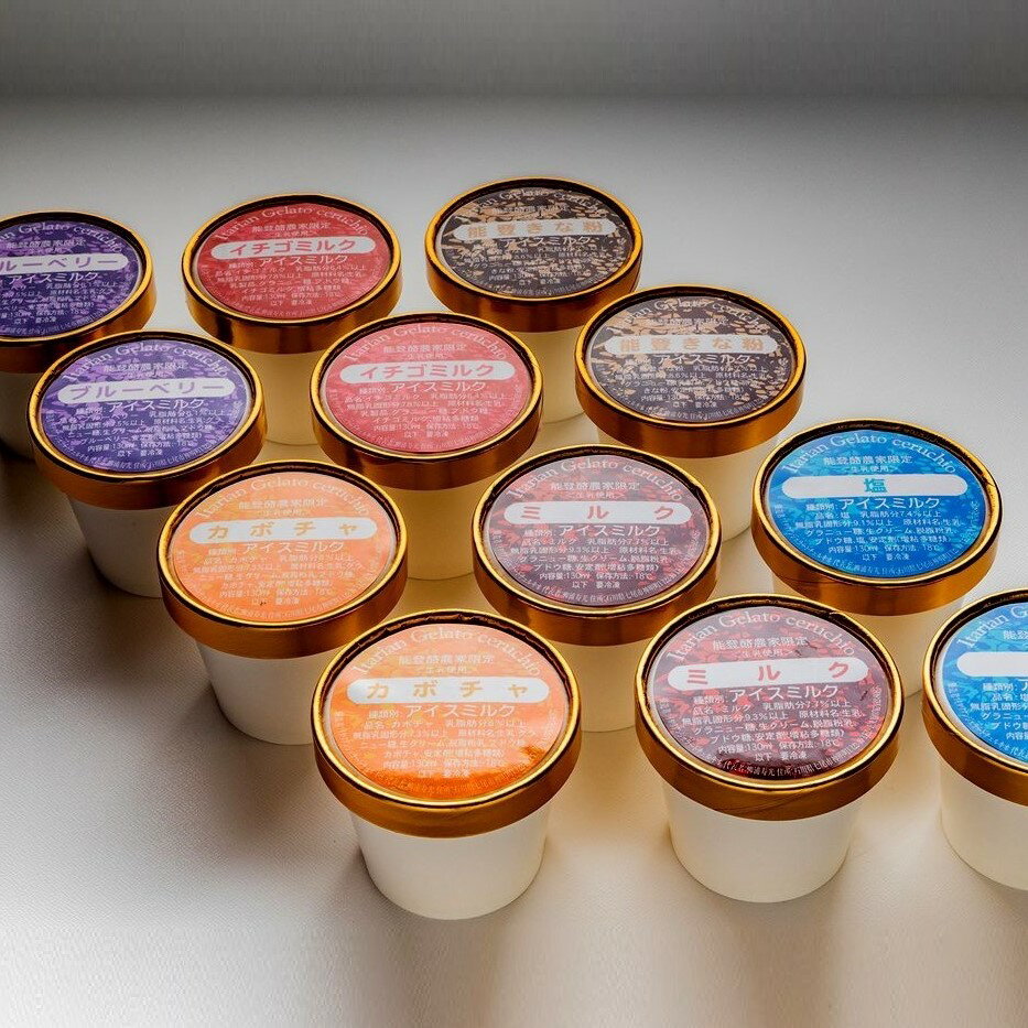 【能登半島地震復興支援】スイーツ アイスクリーム / チェルキオ 能登生乳 ジェラート セット 12個入り（ミルク・塩・ブルーベリー・イチゴミルク・キナコ・カボチャ 各2個）｜石川県 七尾市 能登