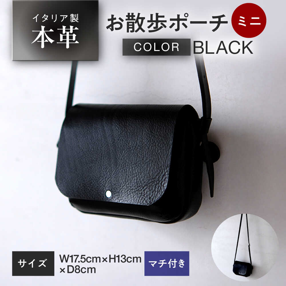 お散歩ポーチ ミニ マチ付き 【ブラック】 本革 イタリアンレザー / ショルダーバッグ 軽量 牛革 ファスナーポケット付き 小浜市 / topiv[BFAI022]