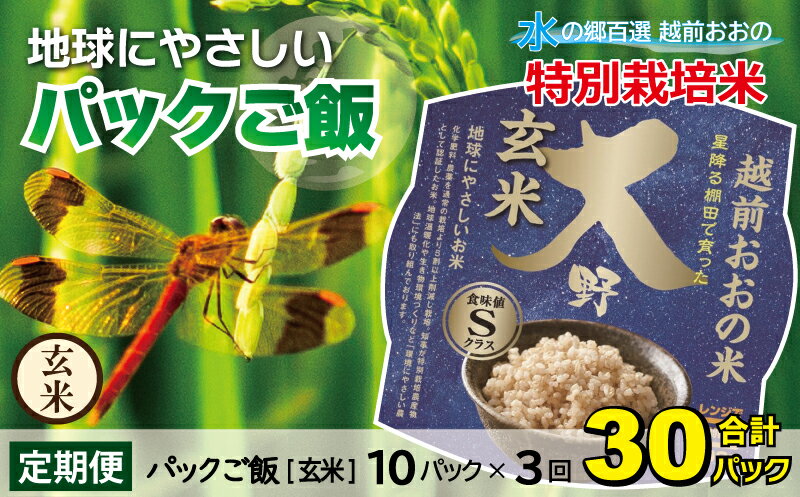 【3ヶ月定期便】地球にやさしいパックご飯 10食入り【玄米】× 3回　計30食　減農薬・減化学肥料 「特別栽培米」－地球にやさしいお米－[B-003008] コシヒカリ こしひかり 防災 備蓄 パックご飯 150g パックごはん パックライス 頒布会 福井県