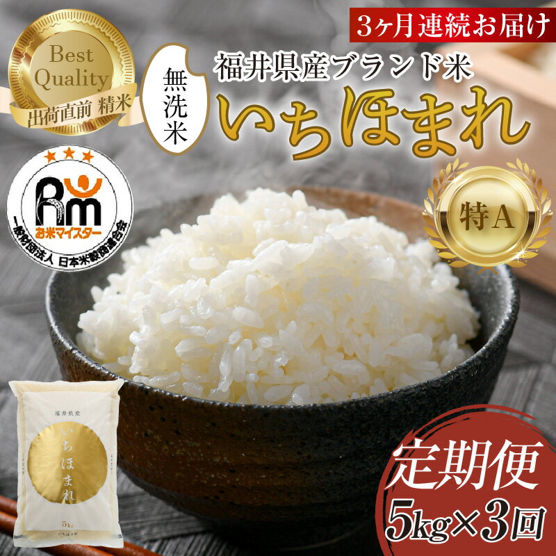 【令和7年産】定期便3回 いちほまれ 無洗米 5kg × 3回（15kg）《お米マイスター厳選！》／ 米 お米 定期便 福井県産 ブランド米 ご飯 白米 新鮮