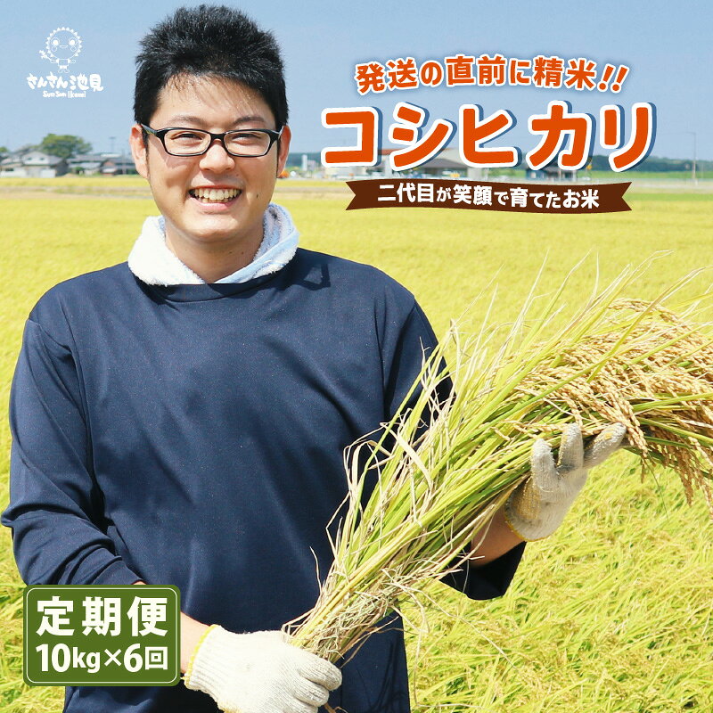 【先行予約】【令和8年産・新米】【6ヶ月連続お届け】二代目が笑顔で育てた コシヒカリ 10kg × 6回 計60kg【2026年10月上旬以降順次発送予定】 〜福井県産 生産者直送！〜【定期便 お米 こしひかり ぶつき米 無洗米 玄米 ブランド米 人気 ふるさと納税米】