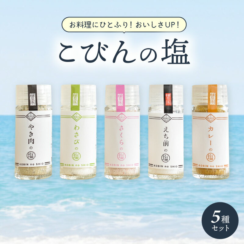 【ふるさと納税】こびんの塩 瓶タイプ 卓上塩 5種 セット【わさび さくら やき肉 カレー えち前の塩】【万能塩 小分け 便利 お楽しみ ご飯のおとも 小瓶 携帯 焼肉 BBQ 和菓子 魚 刺身】 サムネイル2