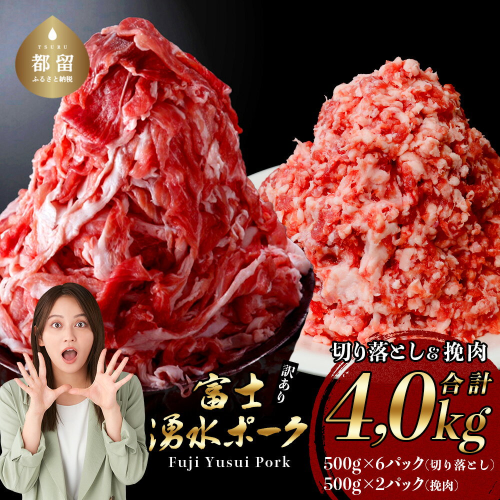 【9/1申し込みより冷凍発送】　＜豚肉＞切り落としと挽肉のガッツリ盛りセット 4kg ブランド豚「富士湧水ポーク」｜訳あり 豚肉 豚 肉 送料無料 不揃い 規格外 国産 増量 詰め合わせ 小分け ひき肉 真空 パック　ハンバーグ や 生姜焼き にも