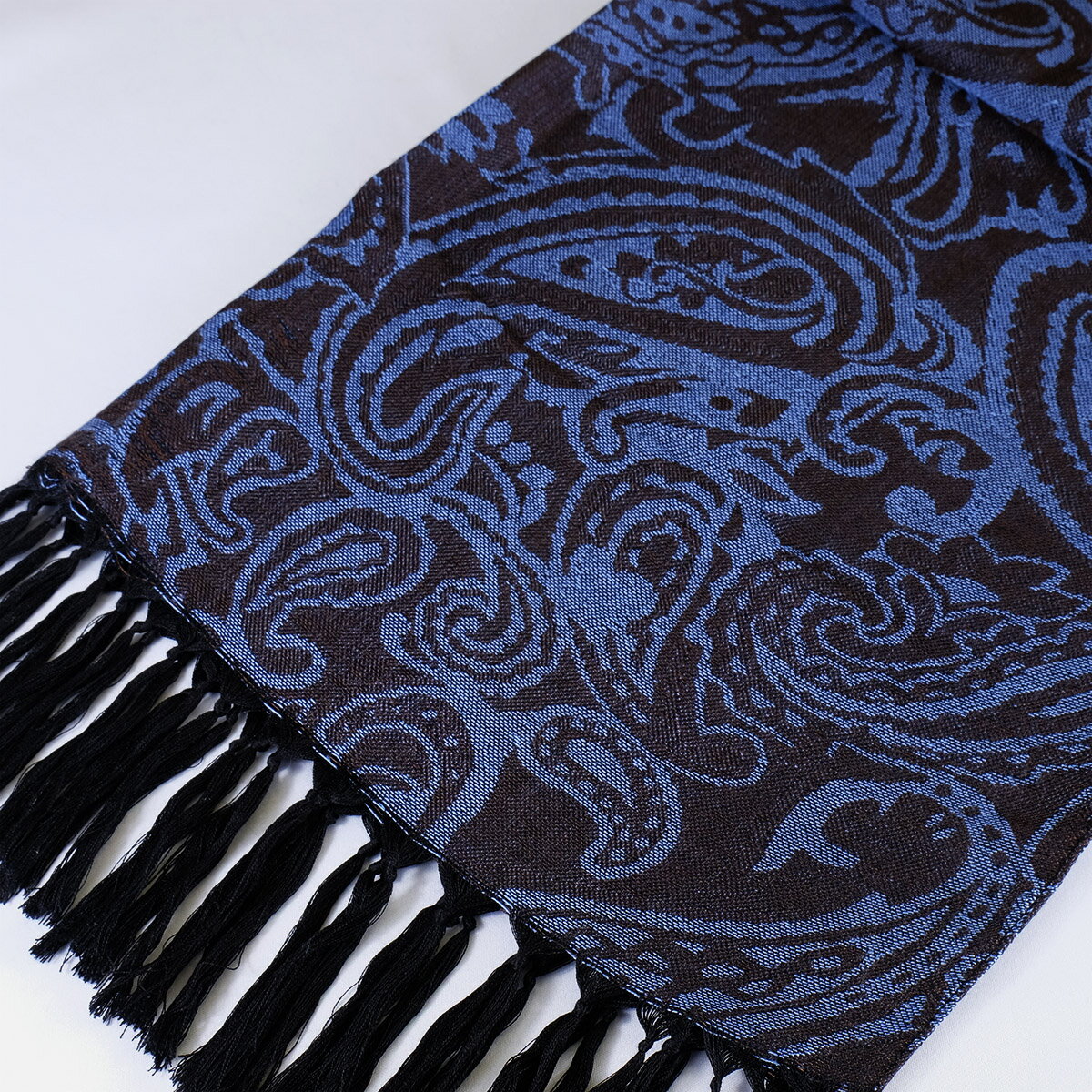 郡内織物　絹紡ストール(シルク100%) ペイズリー青