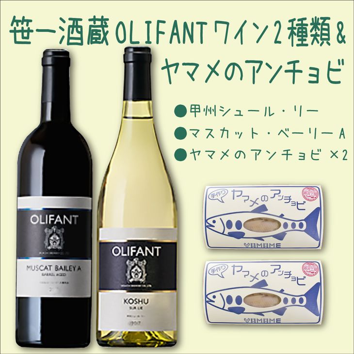 笹一酒造OLIFANTワイン750ml 2種類&こすげ村源流工房ヤマメのアンチョビ2パックセット｜国産ワイン 赤ワイン 白ワイン 飲みくらべ セット おつまみ ヤマメ※離島への配送不可※着日指定不可