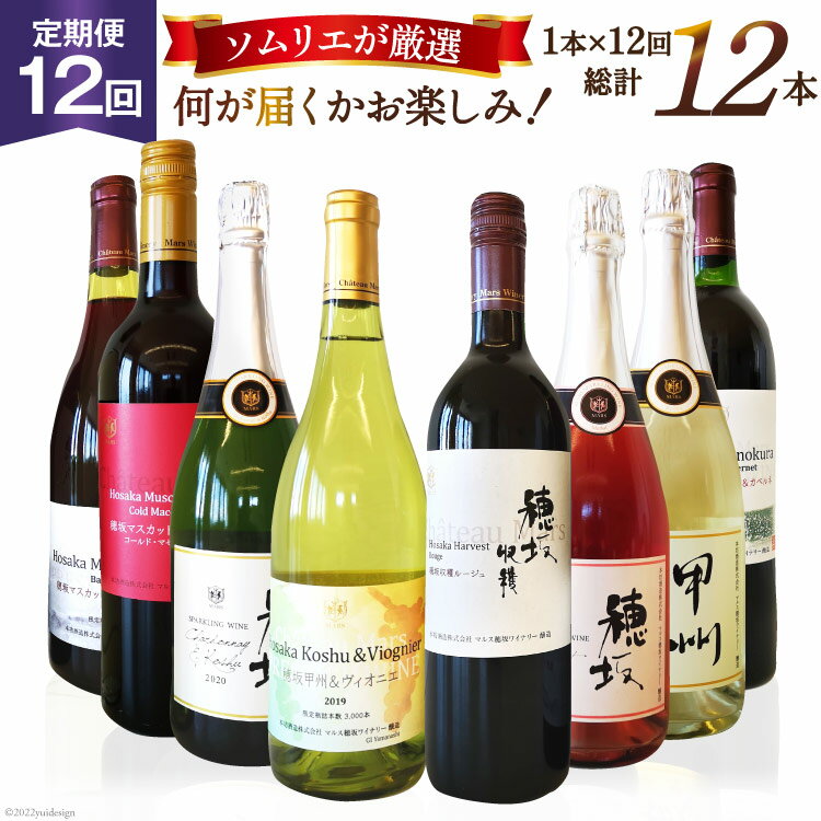 ワイン 定期便 12回 毎月 赤 白 赤ワイン 白ワイン スパークリング 飲み比べ セット マルスセレクト おまかせ ソムリエ 日本ワイン お酒 ぶどう 果実酒 ワインセット ギフト 送料無料 [本坊酒造 マルス穂坂ワイナリー 山梨県 韮崎市 20743307]