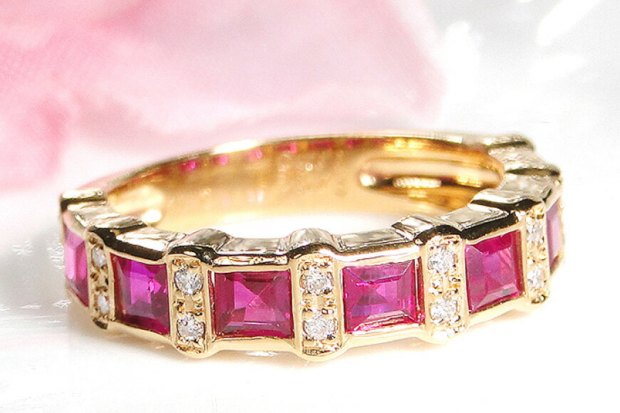 【ふるさと納税】 リング 天然ルビー ダイヤモンドリング K18YG 【181-k18yg】 [オーダーメイドジュエリーメイ 山梨県 韮崎市 20743571] アクセサリー 指輪 ジュエリー アクセ ファッションリング 18金 スクエアカット サムネイル2