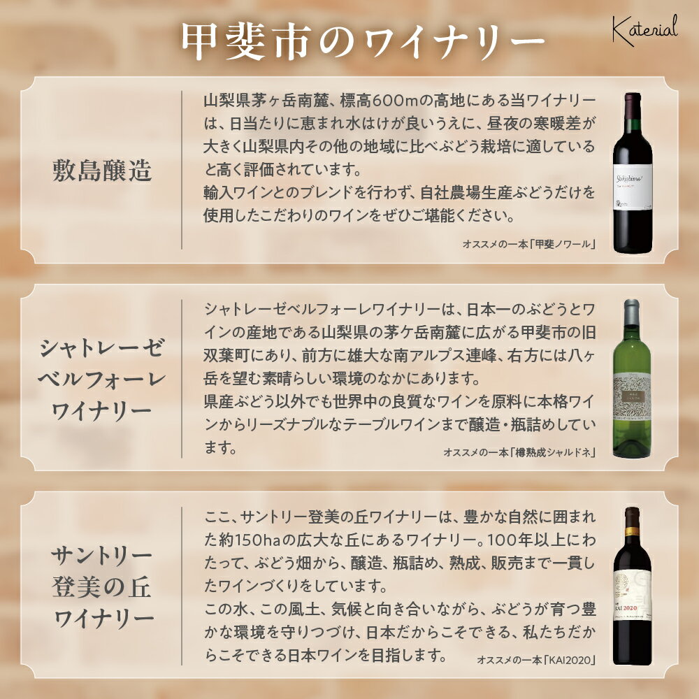 【ふるさと納税】甲斐市ワイン おまかせワイン3本セット 山梨 ワイン 赤ワイン 白ワイン 甘口 辛口 飲み比べ 国産 山梨県産 山梨県 甲斐市 AD-275 サムネイル2