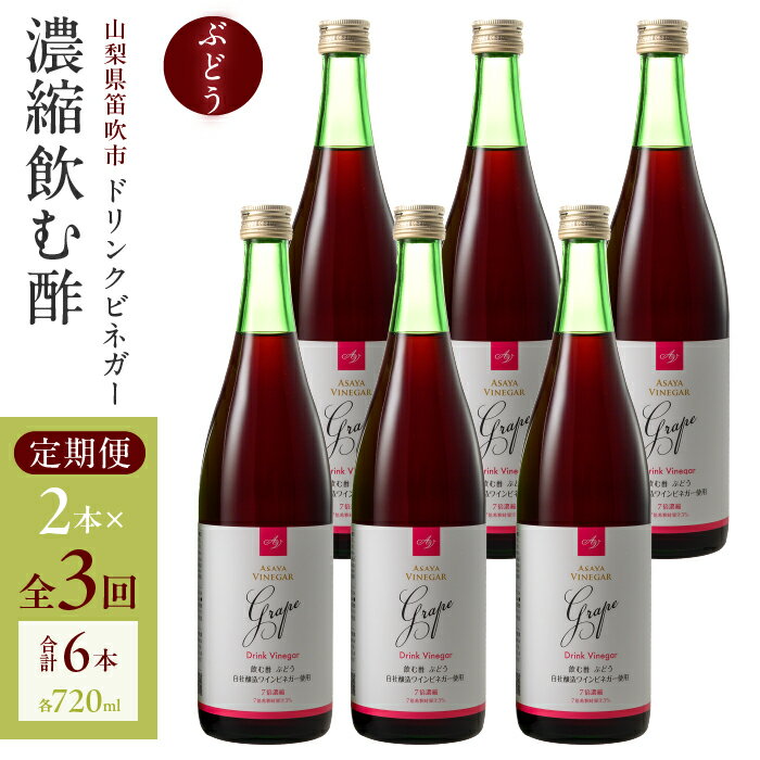 【満点☆青空レストランで紹介されました！】【3回定期便】ドリンクビネガー（ぶどう720ml）6本セット　※ぶどう×2本を3回お届け ドリンクビネガー 定期便 セット ぶどう 葡萄 ブドウ お酢 飲むお酢 健康 人気 プレゼント 贈り物 山梨県 182-021