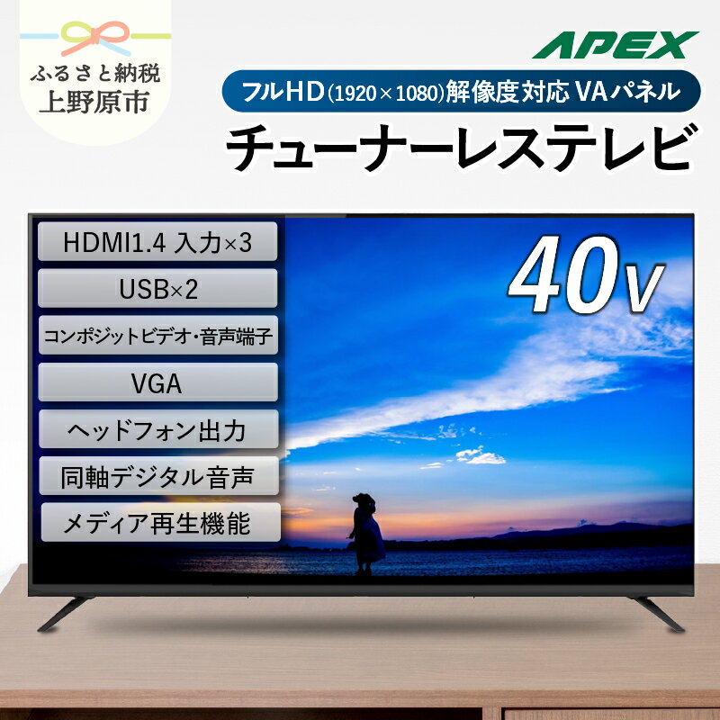 チューナーレステレビ 40型 液晶モニター (AP40APX) セカンドテレビ 子ども用 寝室用 フルハイビジョン 壁掛け可能 VESA対応 家電 電化製品 40インチ 法人用にもおすすめ ホテル 学校 病院 デジタルサイネージ ダイコーアペックス 送料無料 山梨県上野原市
