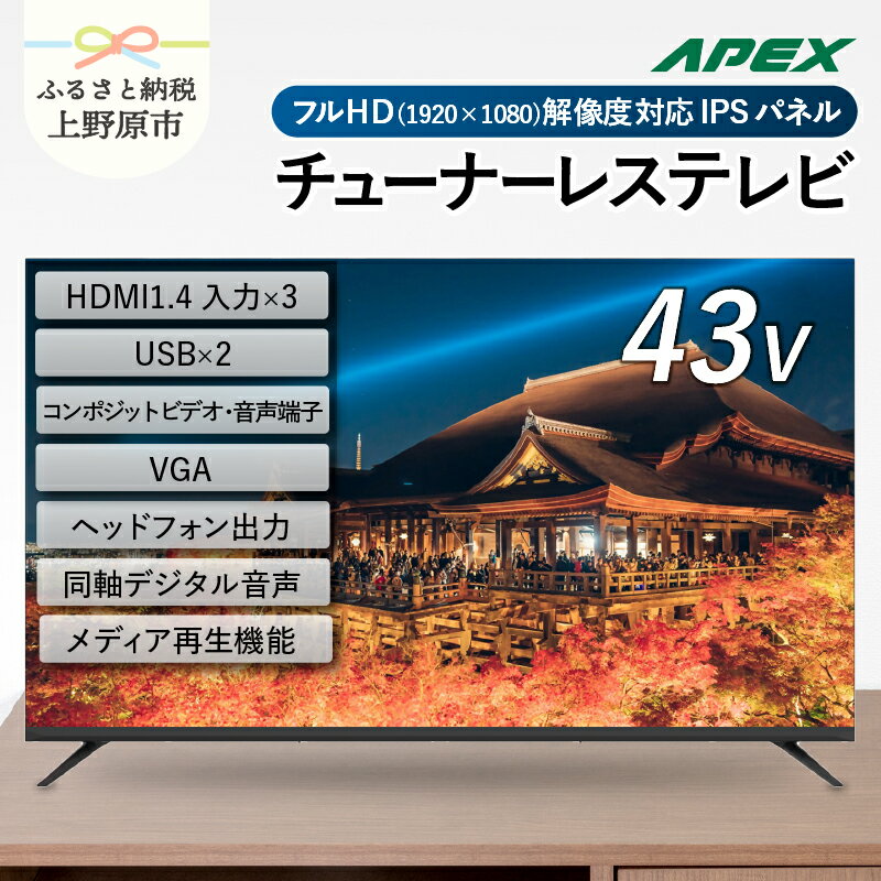 チューナーレステレビ 43型 液晶モニター (AP43APXB) セカンドテレビ 子ども用 寝室用 フルハイビジョン 壁掛け可能 VESA対応 家電 電化製品 43インチ 法人用にもおすすめ ホテル 学校 病院 デジタルサイネージ ダイコーアペックス 送料無料 山梨県上野原市