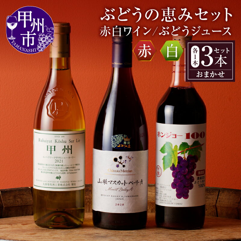ワイン ぶどう ジュース 3本 セット 赤 白 赤ワイン 白ワイン 日本ワイン 果汁ジュース 勝沼 ぶどうの丘 推奨 厳選 飲み比べ 甲州ワイン 母の日 父の日 記念日 ギフト 山梨県 甲州市（KBO） 【C-653】