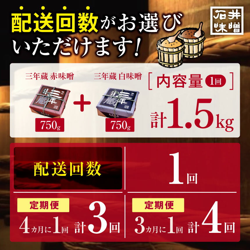【ふるさと納税】味噌 食べ比べ 長野県産 計1.5kg ( 三年蔵赤味噌750g & 三年蔵白味噌750g ) 石井味噌【定期便3回4回】｜ 3年蔵味噌 蔵味噌 味噌 みそ ミソ 赤味噌 長野県 松本市 サムネイル2