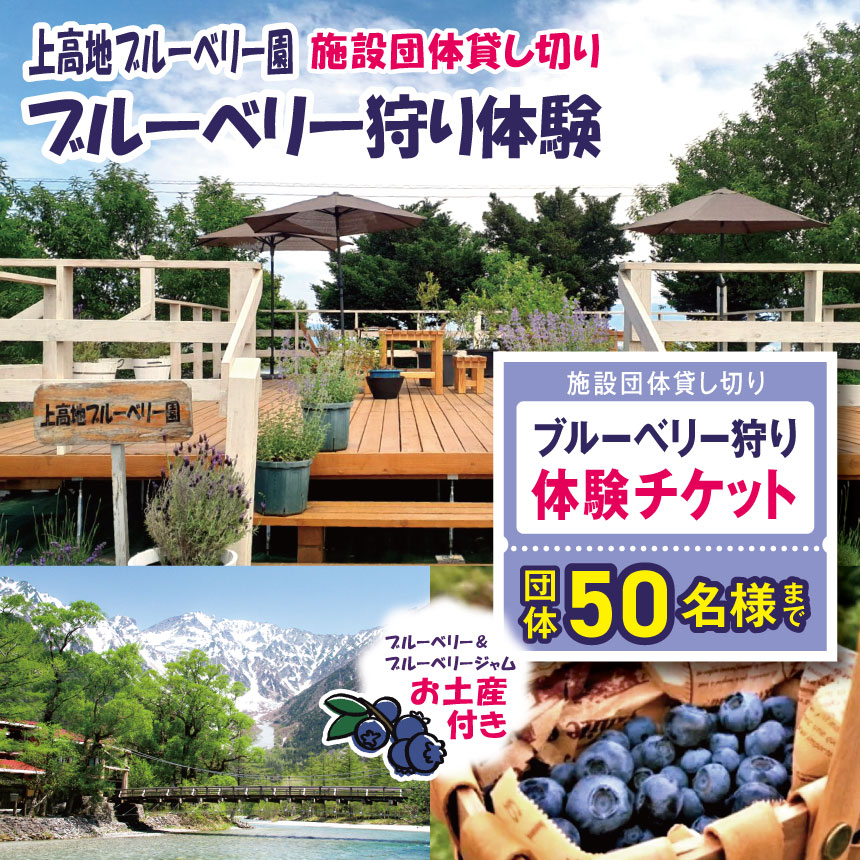 上高地ブルーベリー園　施設団体貸し切り、ブルーベリー狩り体験チケット 団体50名様まで（ブルーベリー、ブルーベリジャムお土産付き）│信州 贈答用 ブルーベリー ジャム 加工品 新鮮 甘い 美味しい 特別 松本 ふるさと納税 上高地 ブルーベリー狩り