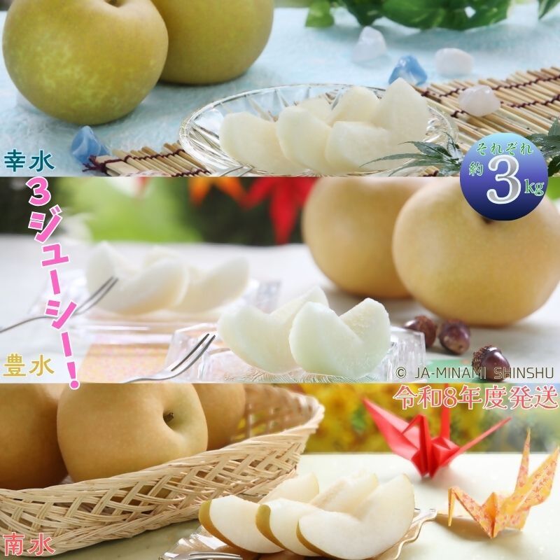 【令和8年度発送先行予約品】8-J21　梨 3銘水～無敵の3ジューシー！～（各約3kg） 糖度 光センサー 9月 南信州 喬木村 幸水 豊水 南水 セット 定期便