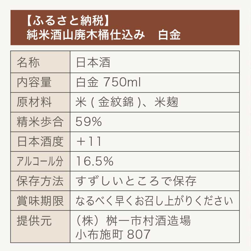【ふるさと納税】純米酒山廃木桶仕込み 白金 750ml［桝一市村酒造場］ お酒 日本酒 地酒 ご当地 生酒 プレゼント 贈答 長野県 信州 お取り寄せ 蔵元直送 サムネイル3