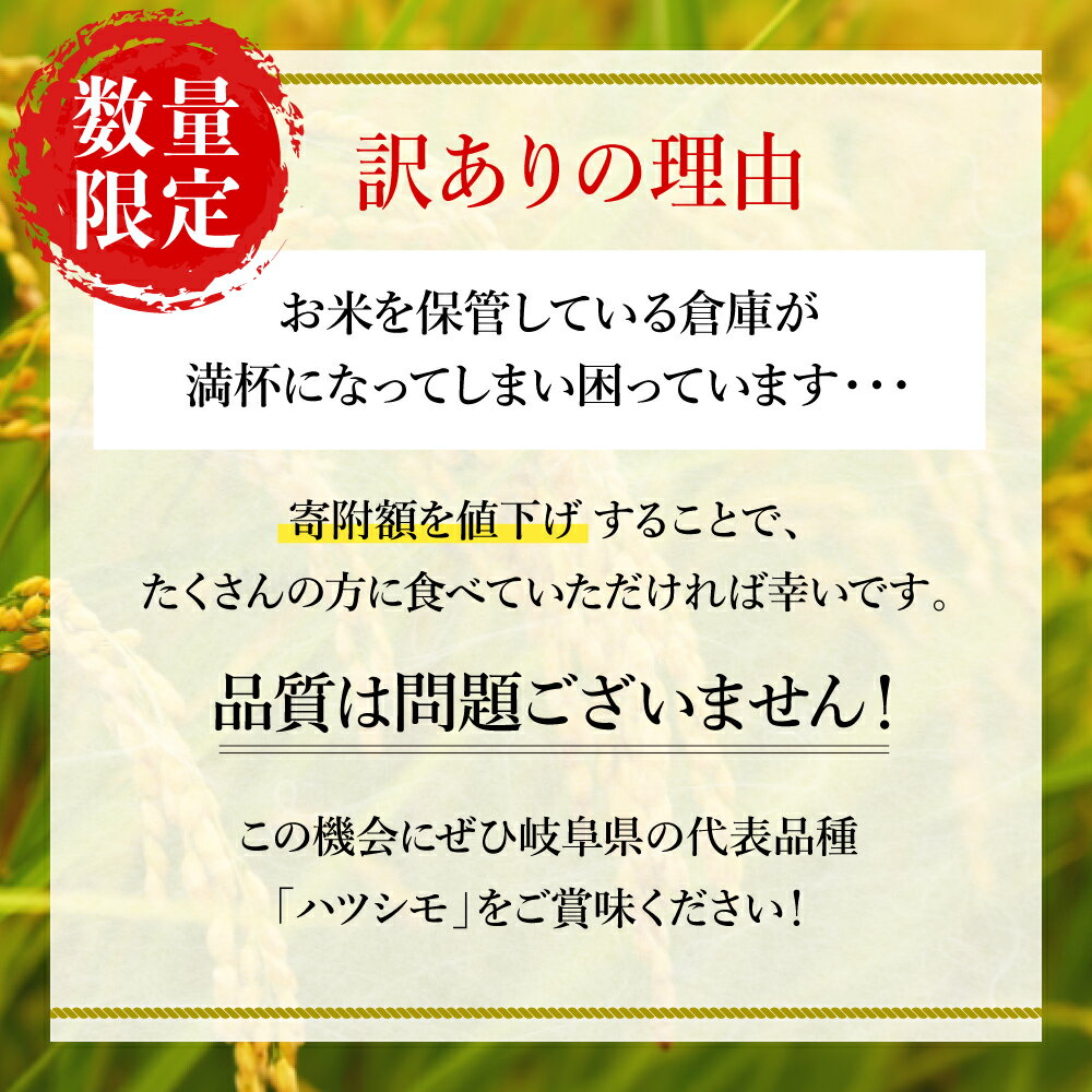 【ふるさと納税】【27kg 今だけ寄付額46,000円 / 在庫なくなり次第終了】【岐阜県代表品種】 令和7年産 ハツシモ米 【白米】【選べる内容量】訳あり 期間限定 数量限定 寄付額改定 / 1kg・2kg・5kg・10kg・27kg 世界農業遺産認定地域（清流長良川中流域）栽培 幻のお米 - 画像2