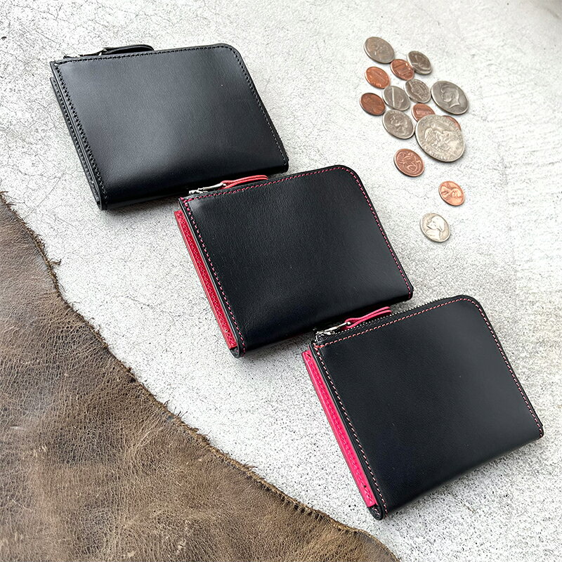 革財布 本革 L字ファスナー ミニ財布 イタリアンレザー ブラックビューティー 美濃市