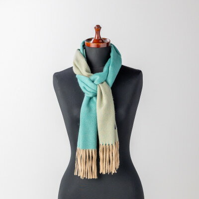 リバーシブル風　カシミヤ100%　マフラー　(ピーコックブルー×ベージュ)【1491457】
