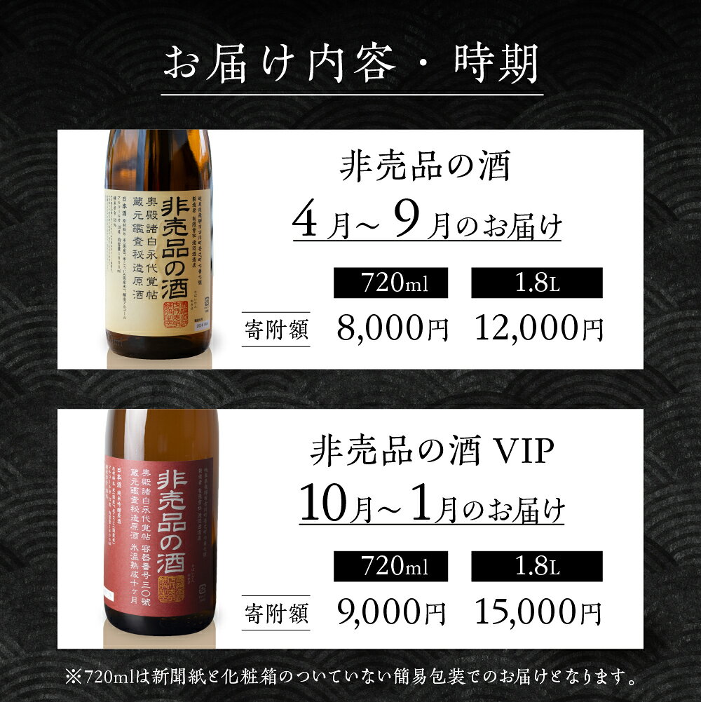 【ふるさと納税】《先行予約》門外不出の秘造原酒 非売品の酒 非売品の酒VIP 720ml 1800ml 1.8L 一升瓶 日本酒 純米吟醸 吟醸酒 辛口 飛騨 蓬莱 渡辺酒造 [Q1598] 飛騨市 8000円 9000円 定期便 訳あり 晩酌 サムネイル2