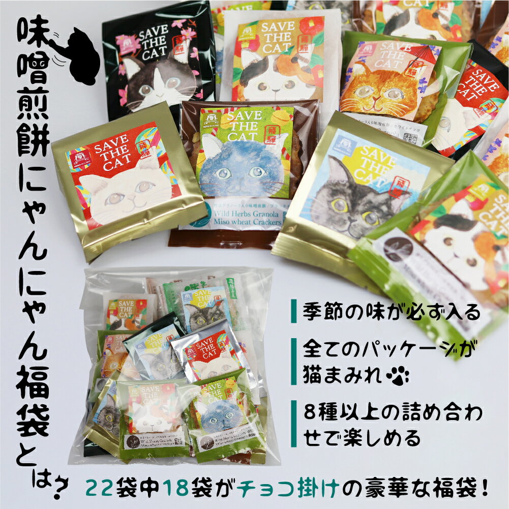 【ふるさと納税】ネコ尽くしにゃんにゃん味噌煎餅22袋セット 味噌煎餅 詰め合わせ 22袋 せんべい チョコ 味噌 生姜 酒かす 珈琲 えごま グラノーラ さつまいも トマト キャラメル ナッツ スイーツ (SAVE THE CAT HIDA支援) [neko_j_25] ネコリパブリック - 画像2