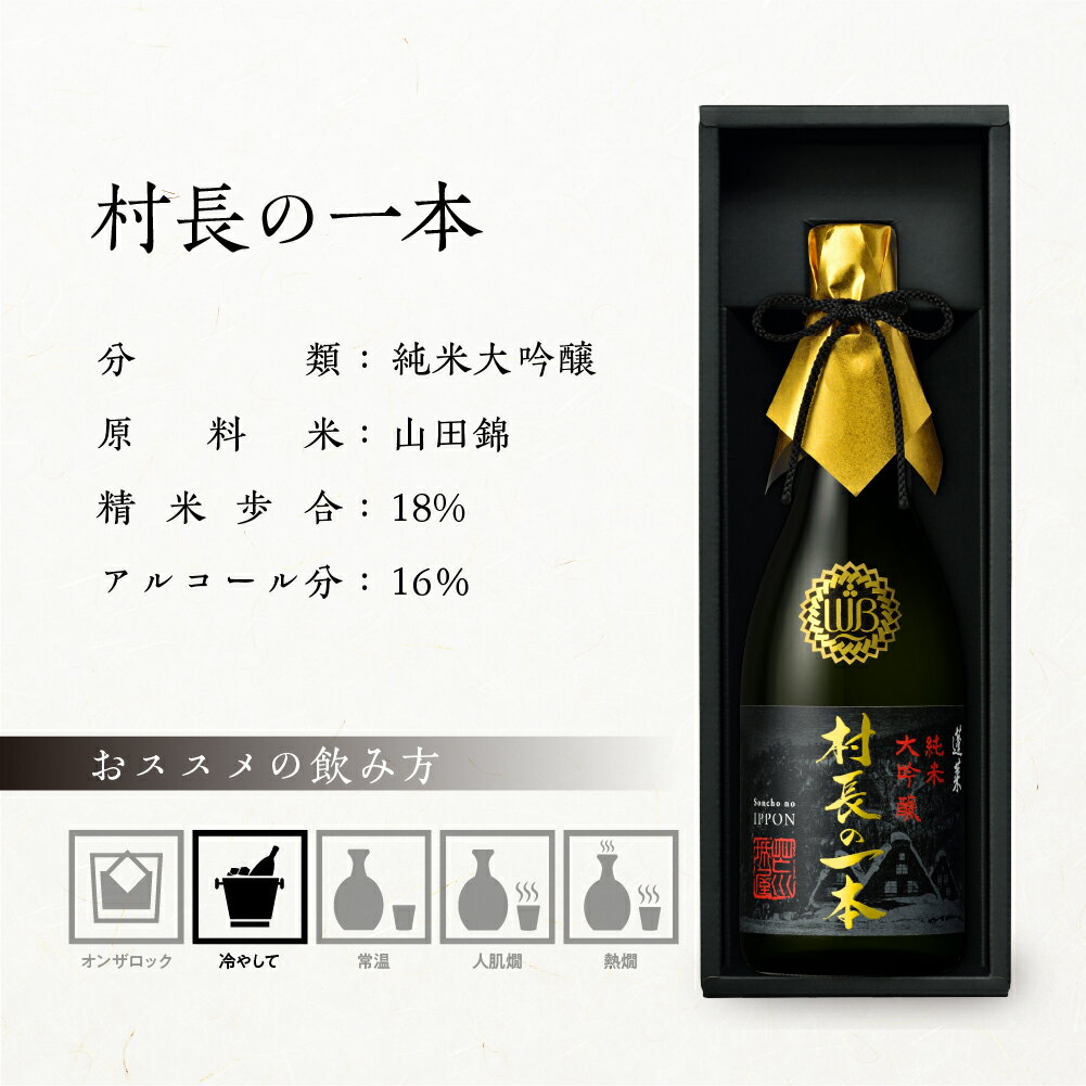 【ふるさと納税】日本酒 村長の一本 720ml 200%応援コース 純米大吟醸 フルーティーで透き通るやや甘口 限定 限定酒 渡辺酒造店 金賞 受賞酒 ギフト お酒 飛騨 岐阜 地酒 世界遺産 白川郷 地酒 60000円 [S893] サムネイル3