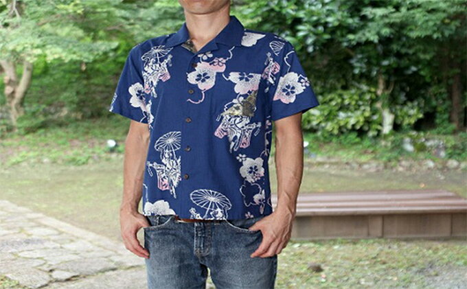 【ふるさと納税】島田帯シャツ（大奴柄　青）LL ファッション 服 男性 メンズ サムネイル2