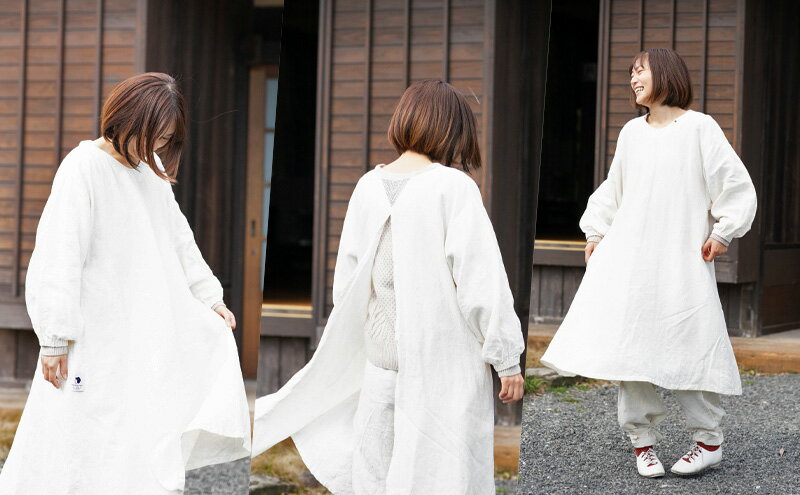 【ふるさと納税】wappougi 麻ワンピース　割烹着　白（サイズ：フリー） ファッション 女性 レディース 普段着 家仕事 作業着 洗濯可 サムネイル3