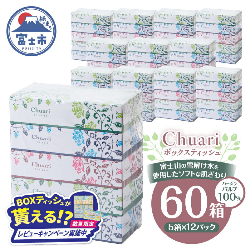 【ふるさと納税】【レビューキャンペーン】 ボックスティッシュ Chuari 計60箱 (5箱×12パック) (1箱 120組 240枚) パルプ100％ ソフト 富士山 雪解け水 箱ティッシュ ティッシュペーパー 防災 備蓄 日用品 生活用品 消耗品 テッシュ テイッシュ 静岡県 富士市 [sf002-194]