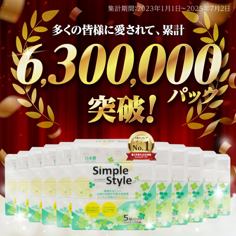 【ふるさと納税】 高評価★4.86 【選べる個数】 ティッシュペーパー 「シンプルスタイル」 ソフトパック 50個/100個/200個 (150組 300枚) パルプ100% ピローティッシュ 箱なし ティッシュ 日用品 消耗品 生活用品 まとめ買い 富士市 [sf002-023-254] サムネイル2