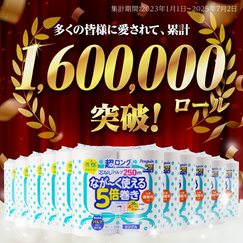 【ふるさと納税】 【選べる素材・厚さ】160ロール相当 トイレットペーパー 5倍巻き ペンギン 超ロング 32ロール (4R×8P) シングル/ダブル パルプ/再生紙 (1ロール 250m/125m) 芯なし 無地 備蓄 防災 日用品 ランキング 富士市 [sf002-069-243] サムネイル2