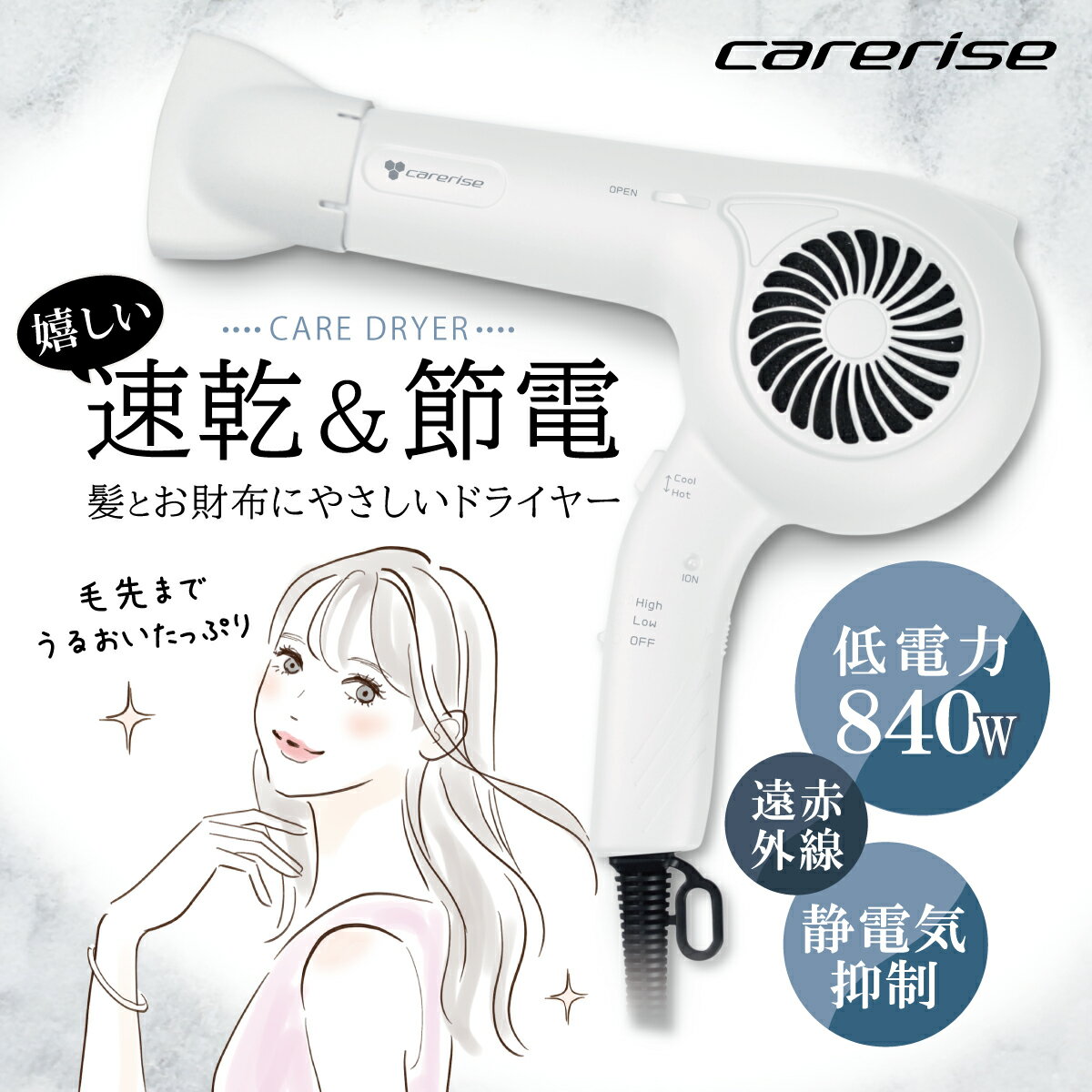 ドライヤー ヘアドライヤー ケアライズ 速乾 美容家電 節電 髪 ヘアケア 頭皮ケア プロ仕様 TF-1208 ホワイト 温風 冷風 ダメージ軽減 遠赤外線 イオン マイナスイオン サロン 静電気防止 スタイリング 時短 髪質改善 ヘアスタイル 藤枝市 静岡県