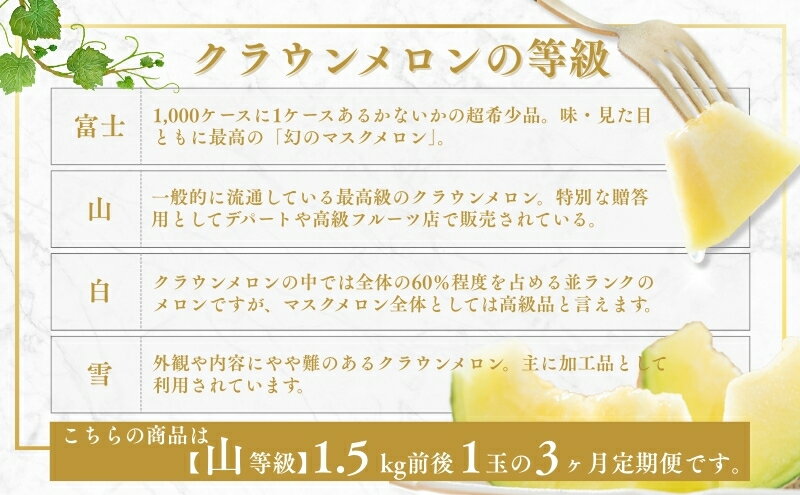 【ふるさと納税】クラウンメロン 定期便 3ヶ月 メロン 1玉 上 山等級 特大玉 1.5kg前後 果物 くだもの フルーツ 旬の果物 旬のフルーツ 青肉 高級フルーツ 青肉メロン めろん マスクメロン 高級メロン フルーツ定期便 3回 お楽しみ 静岡 静岡県 森町 サムネイル3
