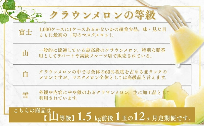 【ふるさと納税】メロン 定期便 12ヶ月 クラウンメロン 1玉 1.5kg前後 上 山等級 特大玉 メロン 高級 山 青肉 青肉メロン マスクメロン フルーツ 果物 高級品 産地直送 デザート おやつ 旬 季節のフルーツ お取り寄せ 取り寄せ 静岡県産 静岡 定期 12回 サムネイル3