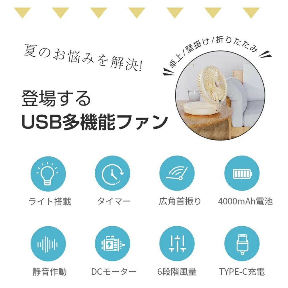 【ふるさと納税】扇風機 多機能 デスクランプ ファン 卓上 壁掛け 2WAY仕様 5枚羽根 6段階風量調節 自然風 小型 シールフック付き ストラップ付き 折りたたみ式 LEDライト 3段階明るさ調節 静音 USB充電式 残電量表示 暑気払い 低騒音 90日間保証付き 日本語取扱説明書 サムネイル3